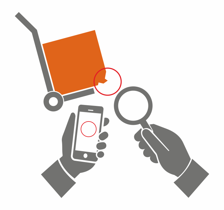 Symbolbild von Paket, Lupe und Handy bei Prüfung von Beschädigung